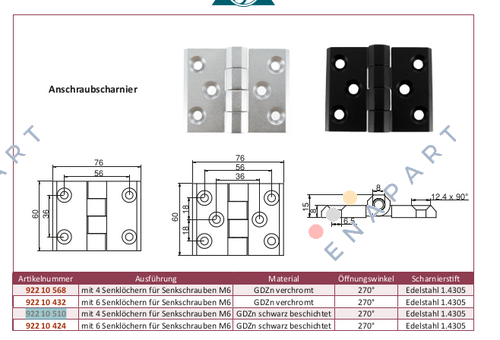922 10 510 Anschraubscharnier
